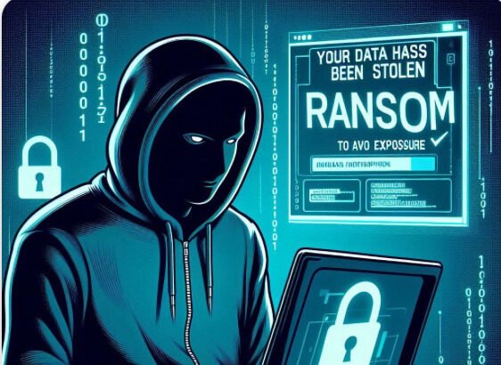 Illustration of a hacker demanding ransom after stealing data from a businessman.